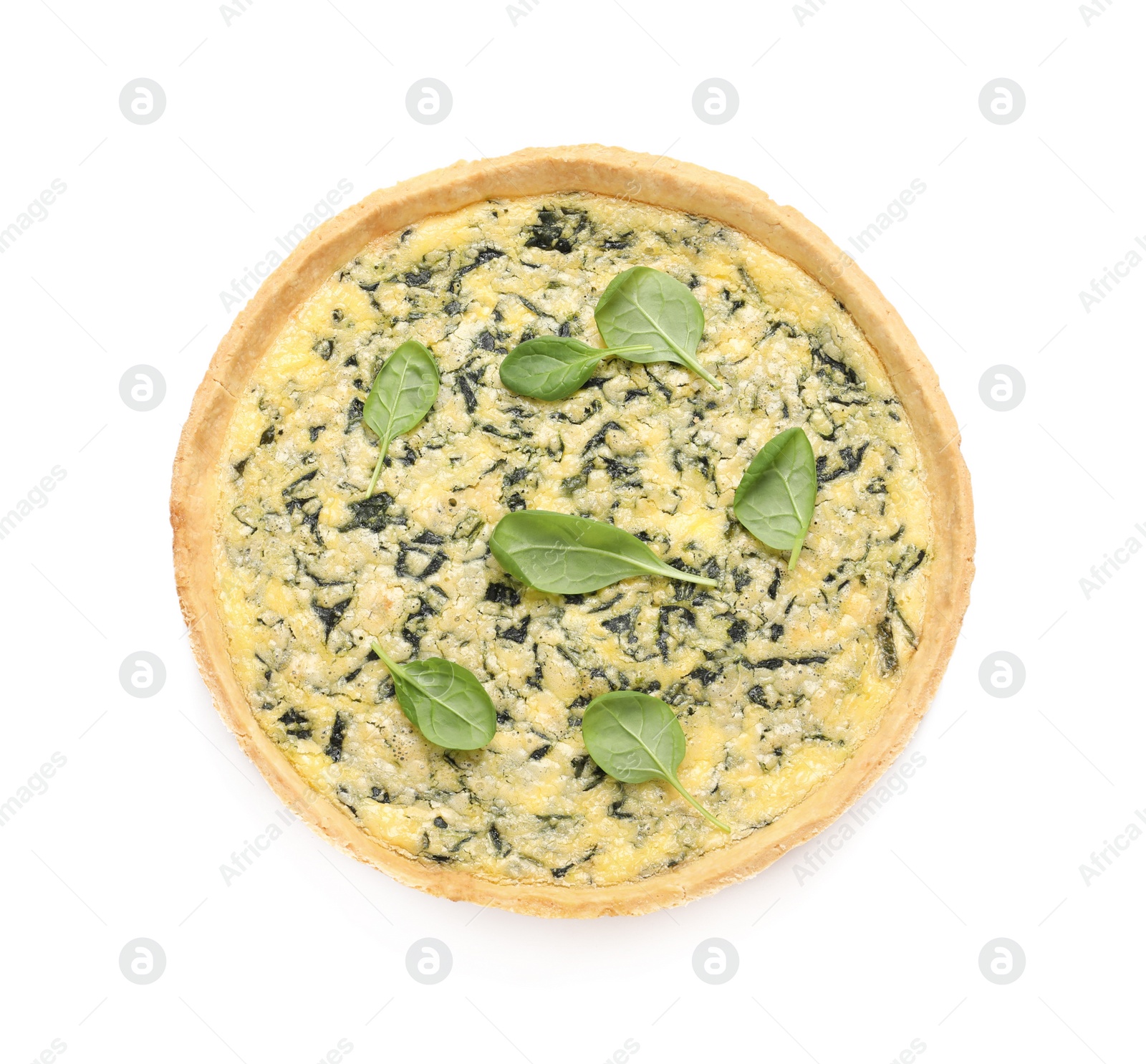 Photo of Delicious homemade spinach pie isolated on white, top view