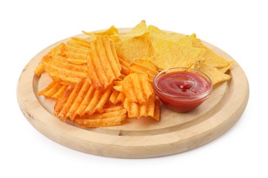 Photo of Tasty tortilla and ridged chips with ketchup on white background