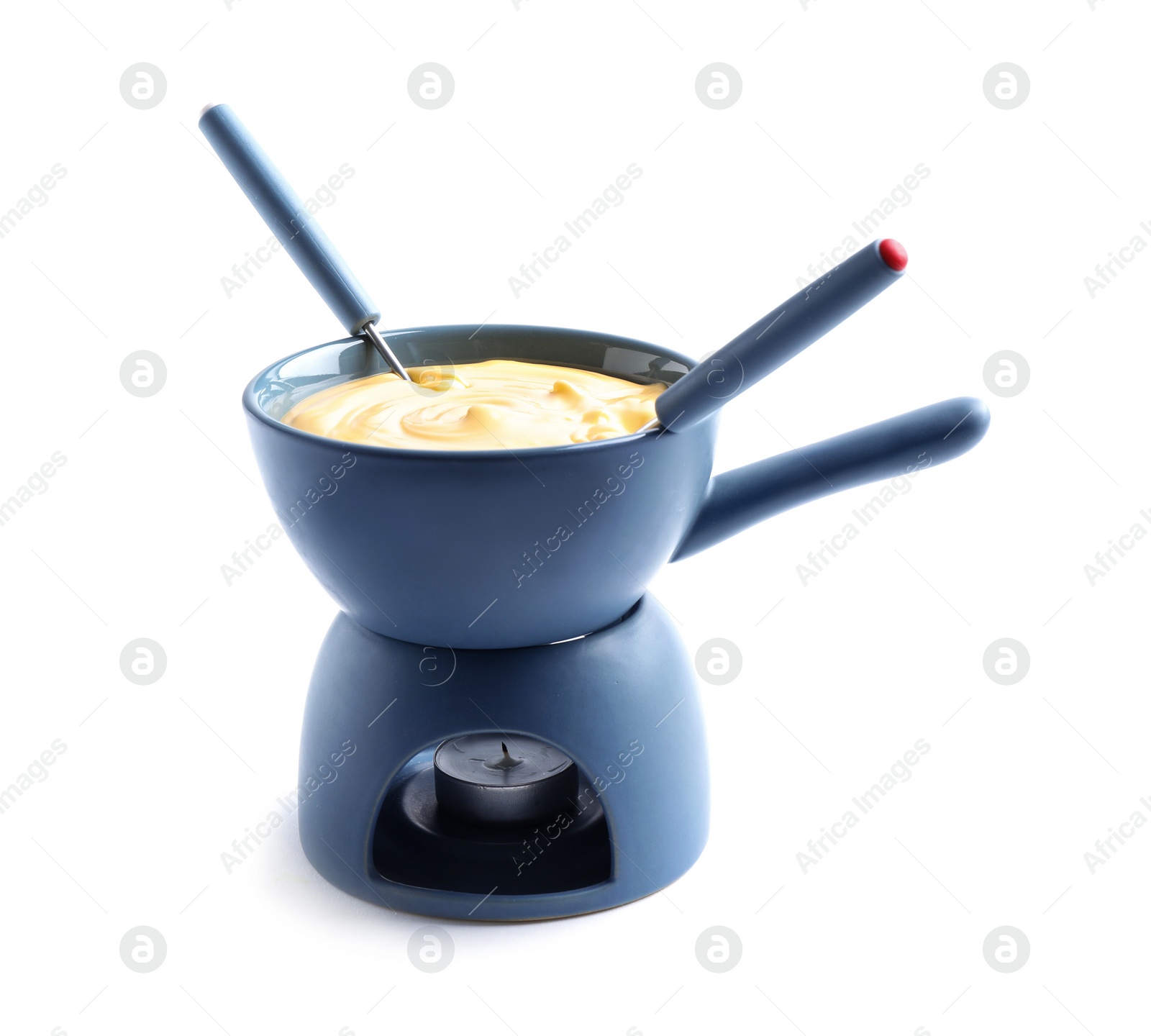 Photo of Pot with delicious cheese fondue and forks on white background