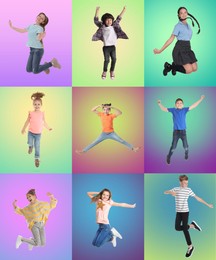 Image of Group of children jumping on color backgrounds, set of photos