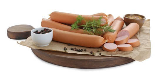 Tasty sausages, peppercorns and dill on white background. Meat product