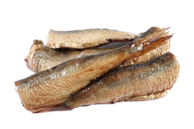 Photo of Three tasty canned sprats isolated on white