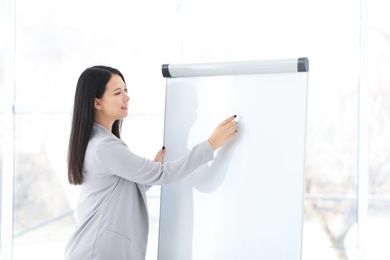 Photo of Business trainer giving presentation on flip chart board indoors