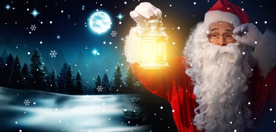 Image of Santa Claus with glowing lantern in winter forest. Christmas magic. Banner design