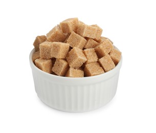 Bowl with cubes of brown sugar isolated on white