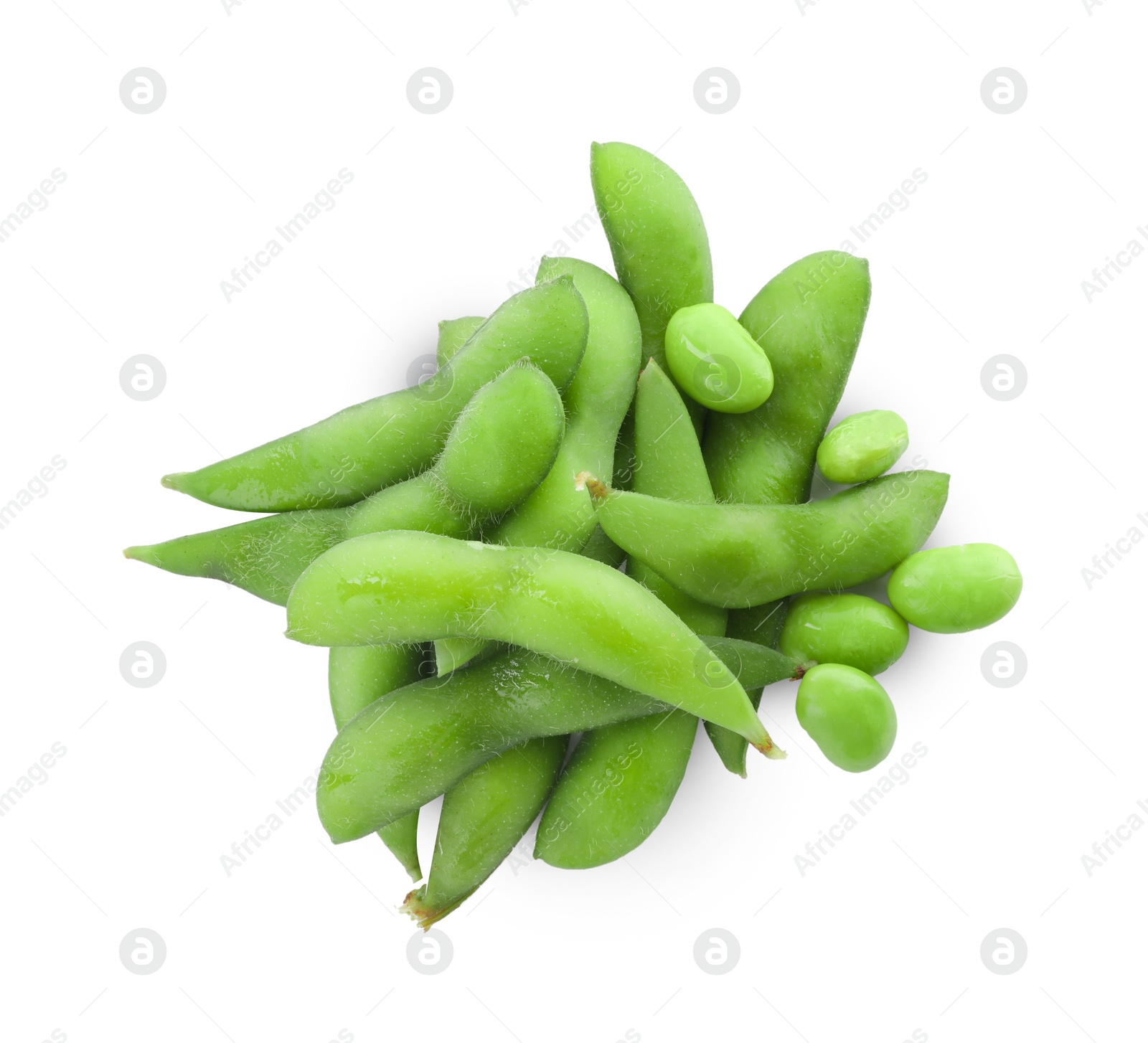 Photo of Fresh green edamame pods with beans on white background, top view