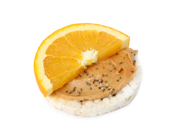 Puffed rice cake with peanut butter and orange isolated on white