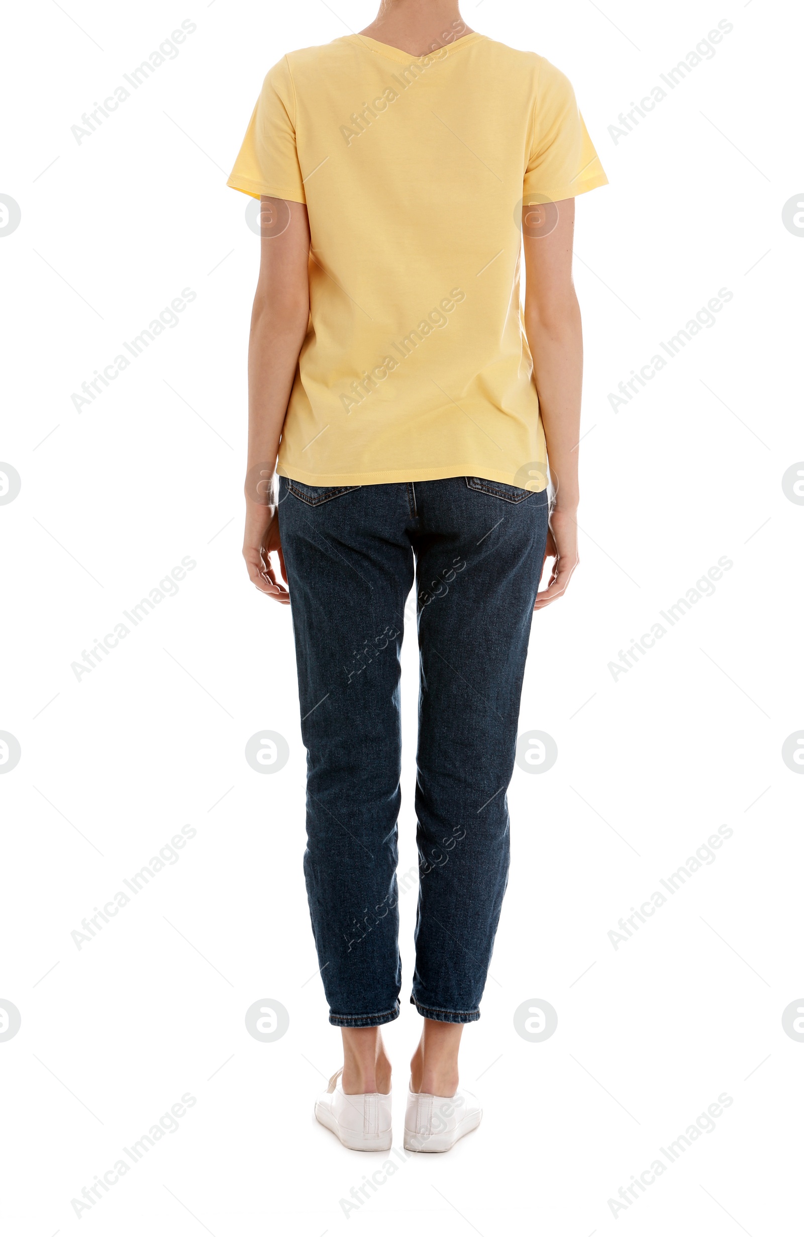 Photo of Young slim woman on white background, closeup. Weight loss