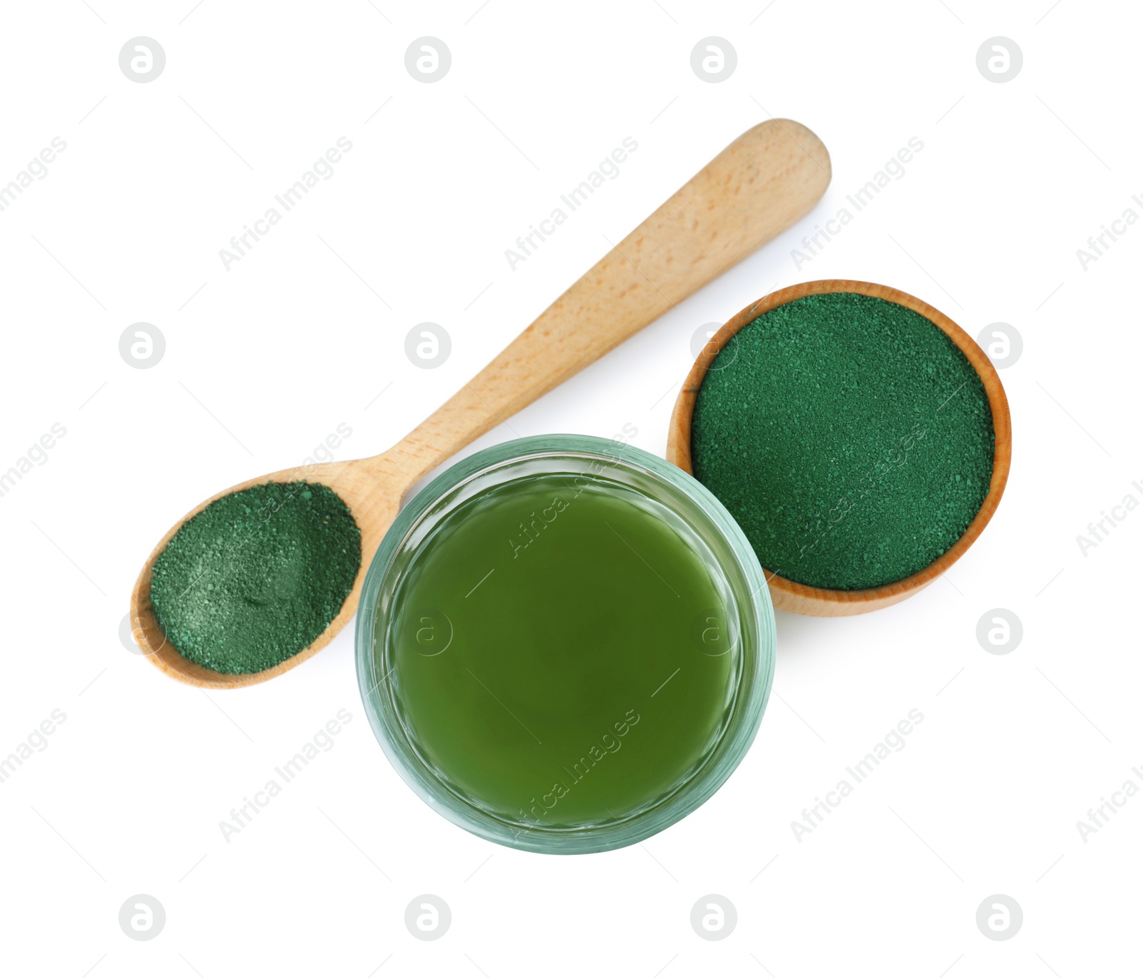 Photo of Spirulina drink and powder on white background, top view