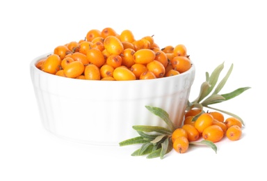 Photo of Fresh ripe sea buckthorn berries in bowl on white background