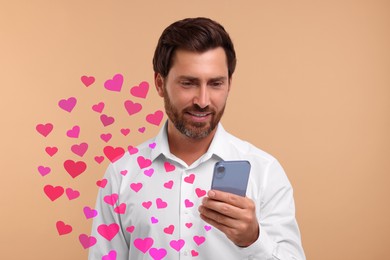 Long distance love. Man chatting with sweetheart via smartphone on dark beige background. Hearts flying out of device