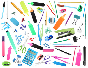 Image of Set of bright school stationery on white background