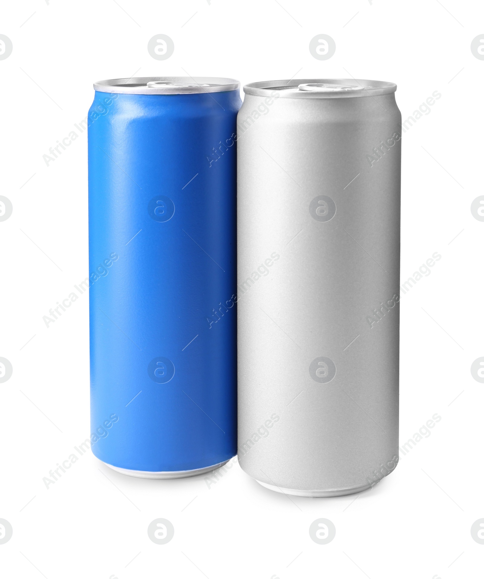 Photo of Energy drinks in aluminum cans on white background