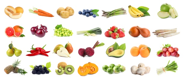 Image of Assortment of organic fresh fruits and vegetables on white background. Banner design