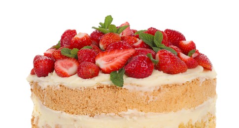 Tasty cake with fresh strawberries and mint isolated on white