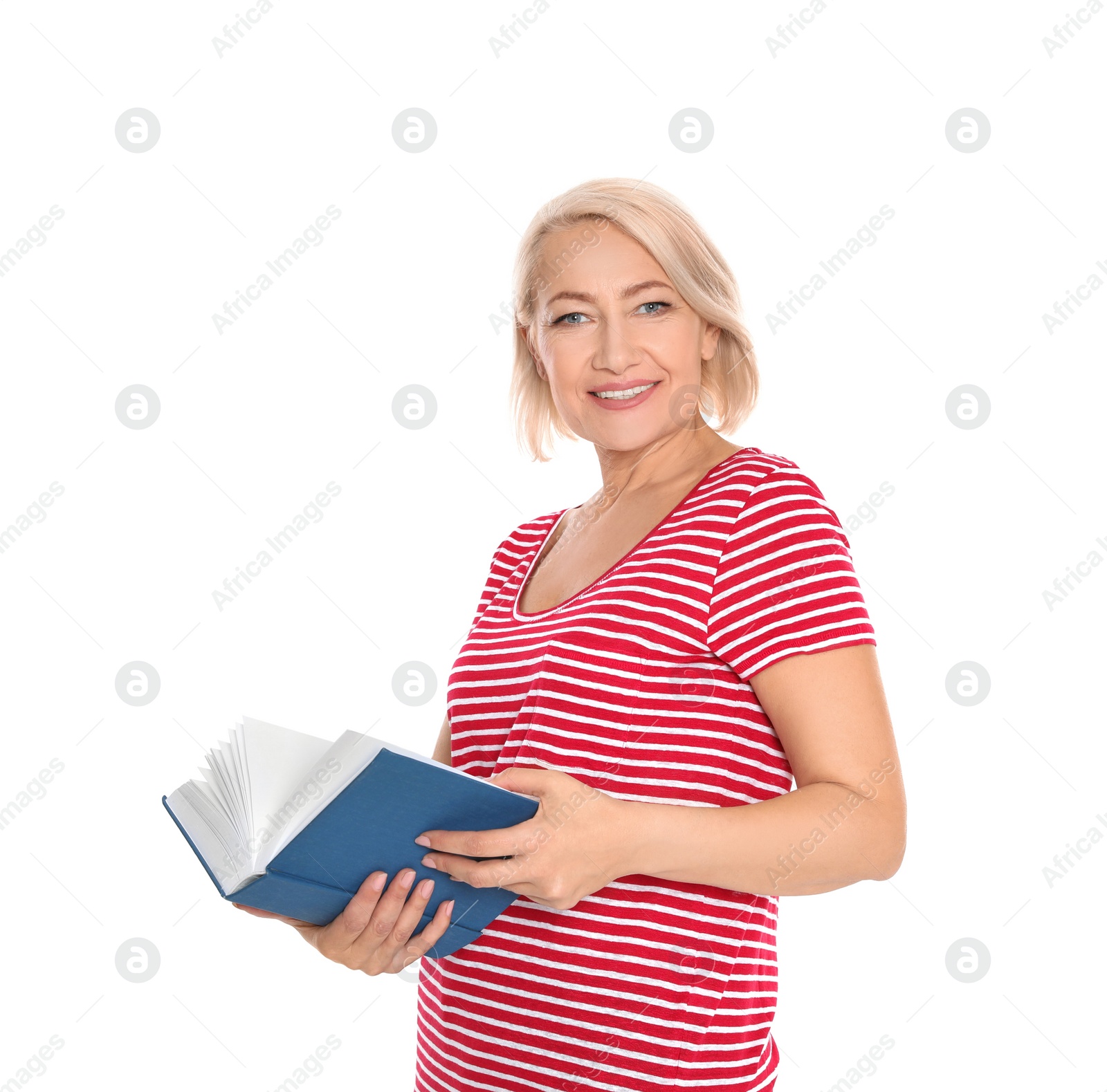 Photo of Senior woman reading book on white background