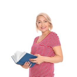 Photo of Senior woman reading book on white background