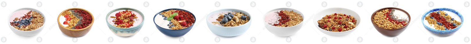 Image of Set of different granola breakfasts with berries on white background. Banner design