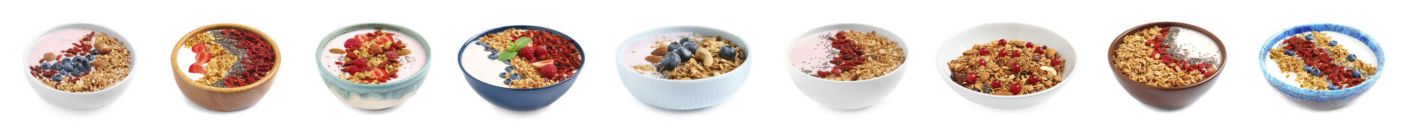 Image of Set of different granola breakfasts with berries on white background. Banner design