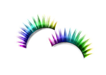 Image of Beautiful pair of color false eyelashes on white background, top view