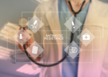 Image of Doctor with stethoscope in hospital, closeup. Concept of antibiotic resistance