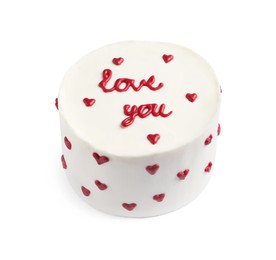 Photo of Bento cake with text Love You isolated on white. St. Valentine's day surprise