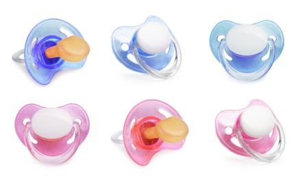 Image of Collage of baby pacifiers in different colors on white background