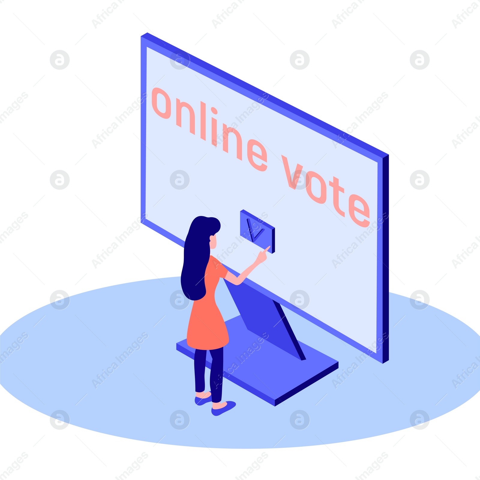 Illustration of  woman and computer monitor on white background. Online voting concept