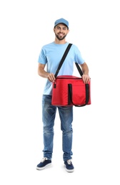 Photo of Young courier with thermo bag on white background. Food delivery service