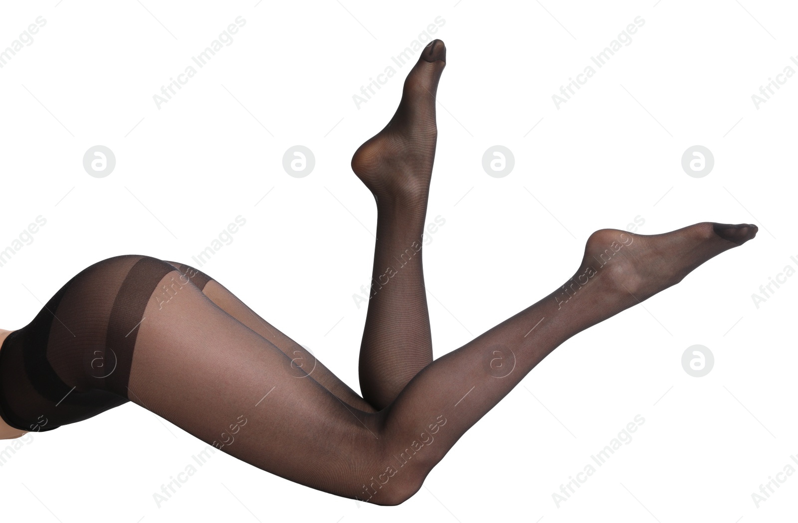 Photo of Woman wearing black tights isolated on white, closeup of legs