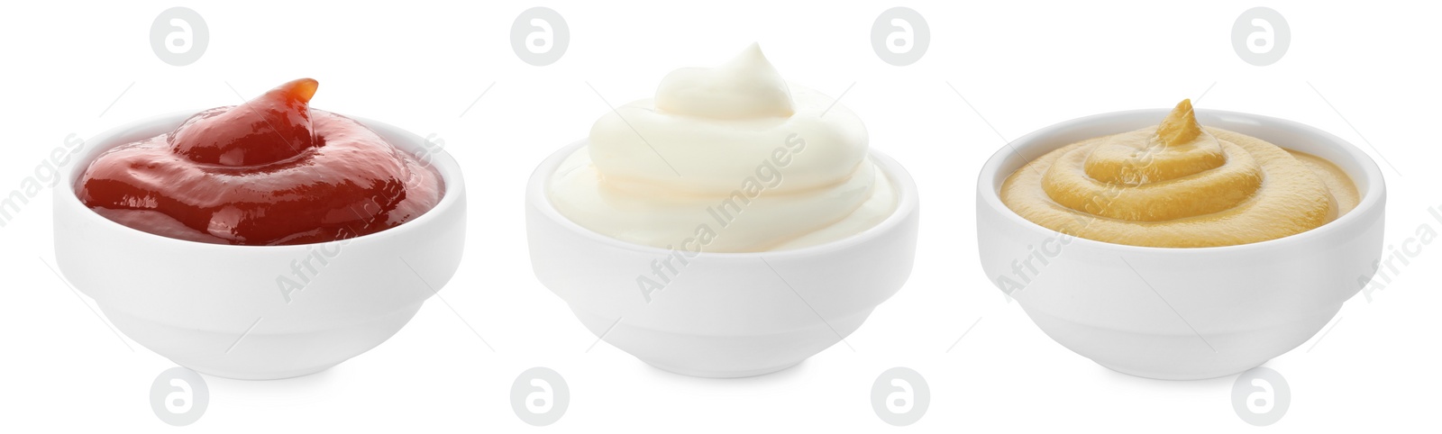 Image of Different sauces in bowls isolated on white, set