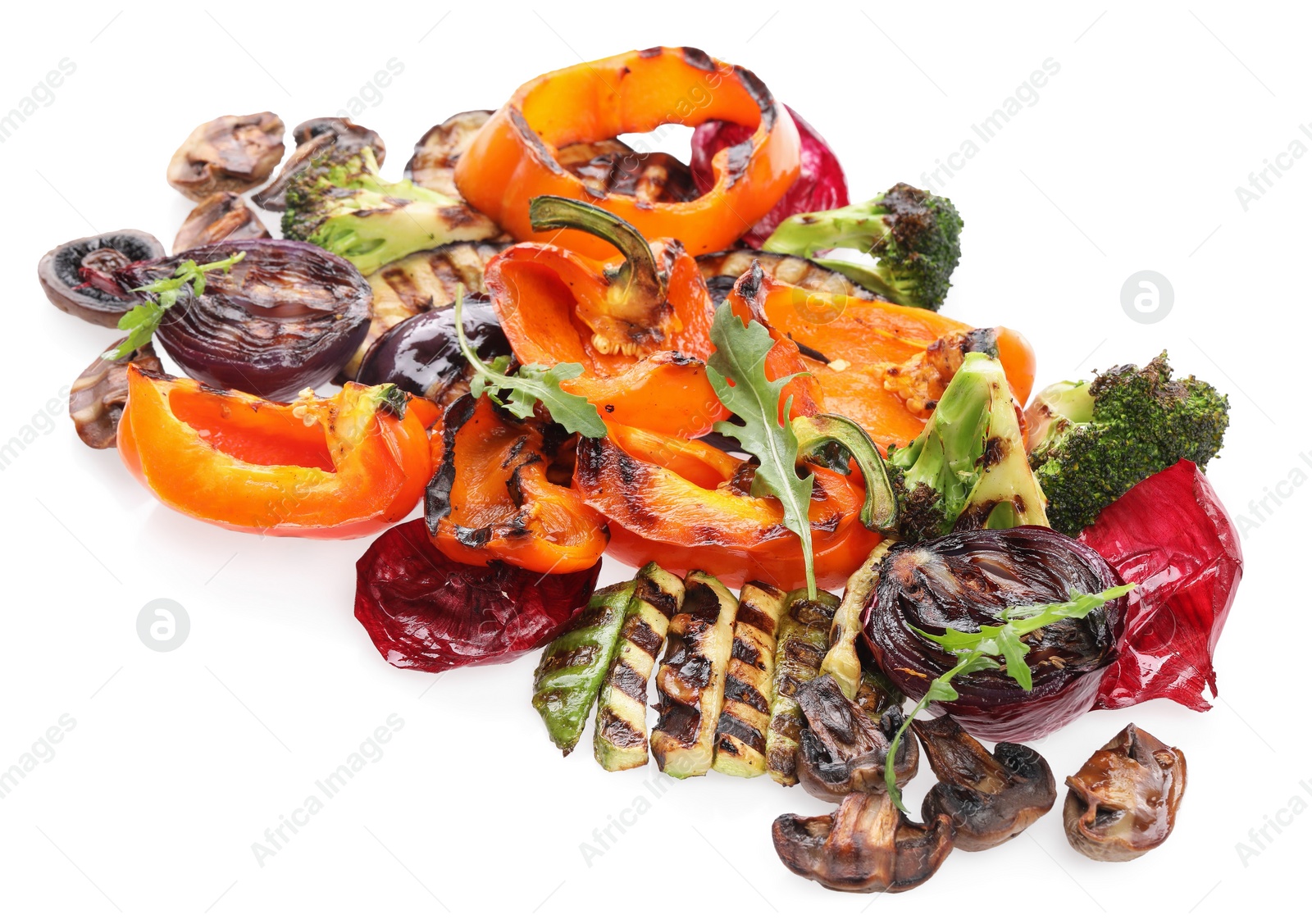 Photo of Different delicious grilled vegetables isolated on white