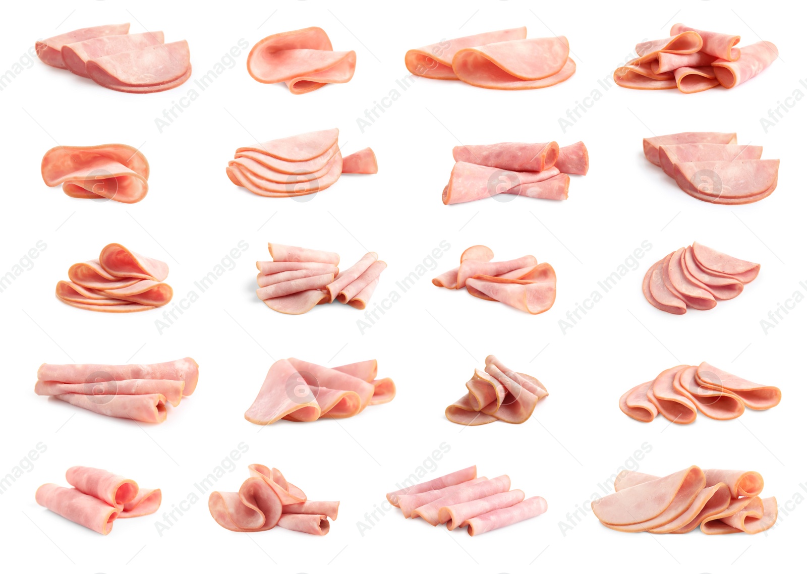 Image of Set of tasty sliced ham on white background