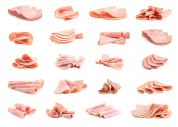 Set of tasty sliced ham on white background