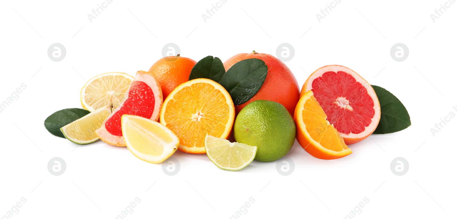 Photo of Fresh ripe citrus fruits and green leaves isolated on white