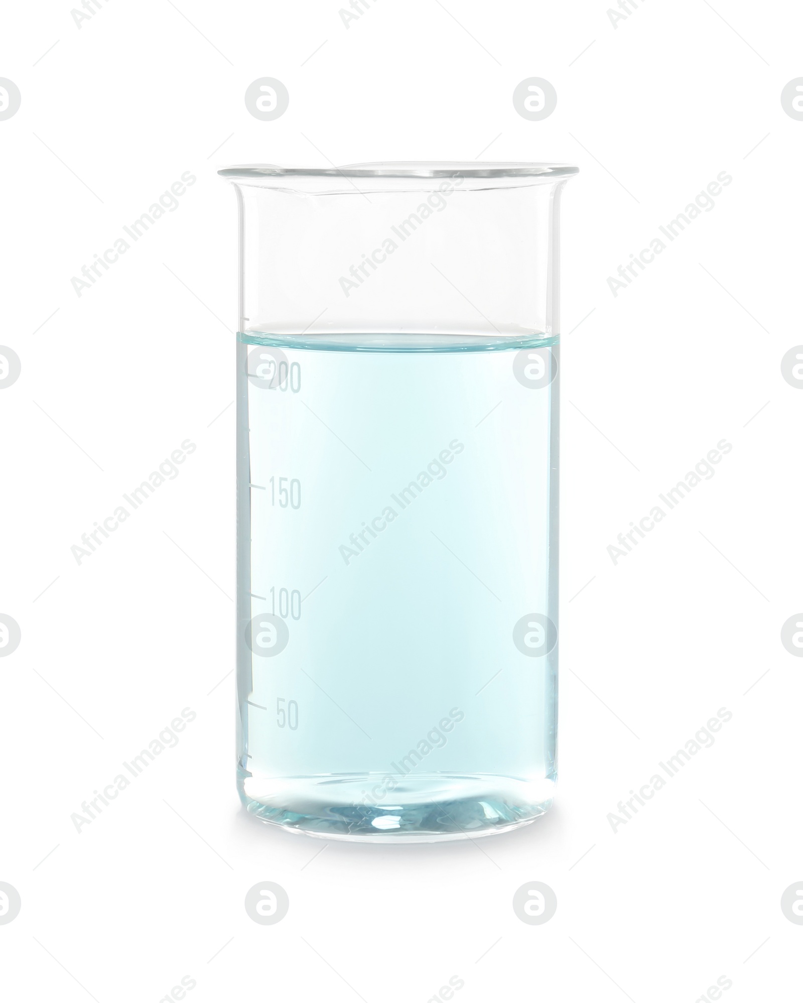 Photo of Laboratory beaker with liquid on white background. Chemical analysis