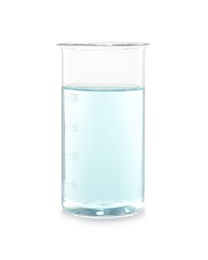 Laboratory beaker with liquid on white background. Chemical analysis