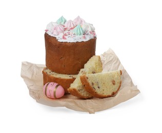 Photo of Traditional Easter cake with meringues and decorated egg on white background