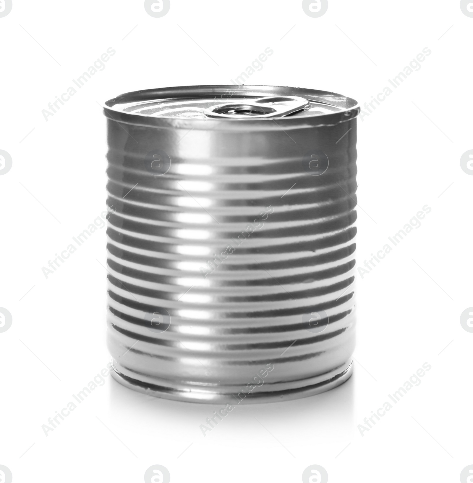 Photo of Mockup of tin can with food on white background