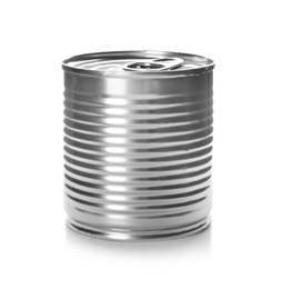 Photo of Mockup of tin can with food on white background