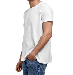 Man in t-shirt on white background, closeup