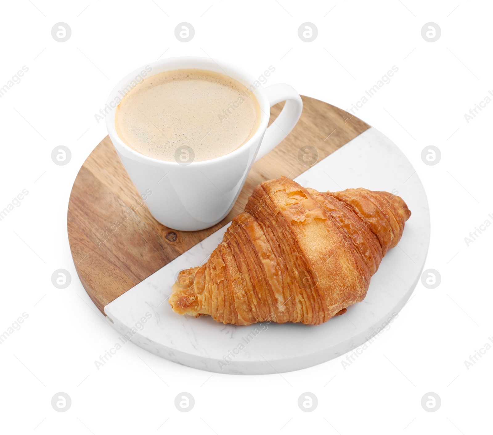 Photo of Tasty breakfast. Cup of coffee and croissant isolated on white