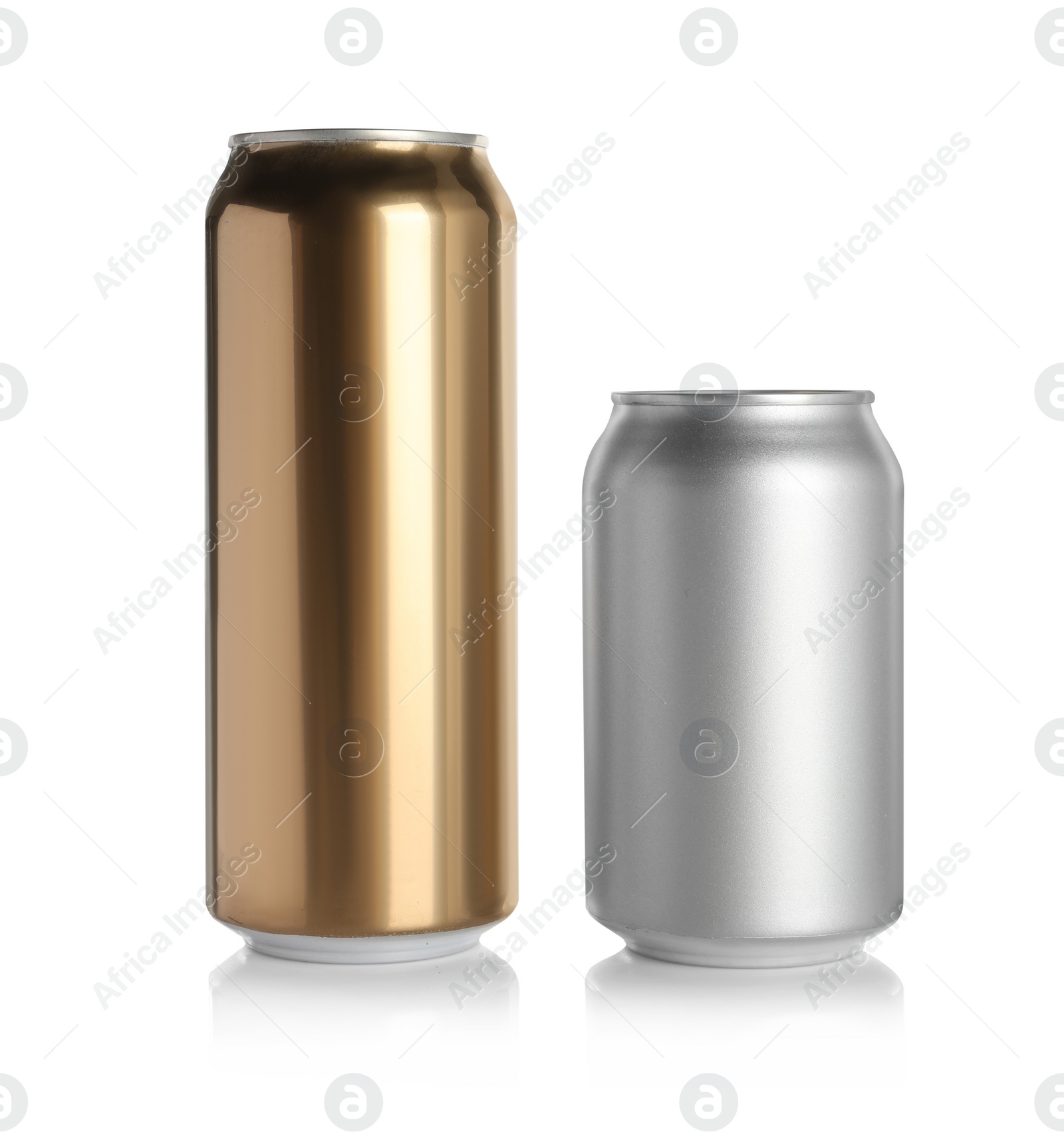 Photo of Aluminum cans with drinks on white background