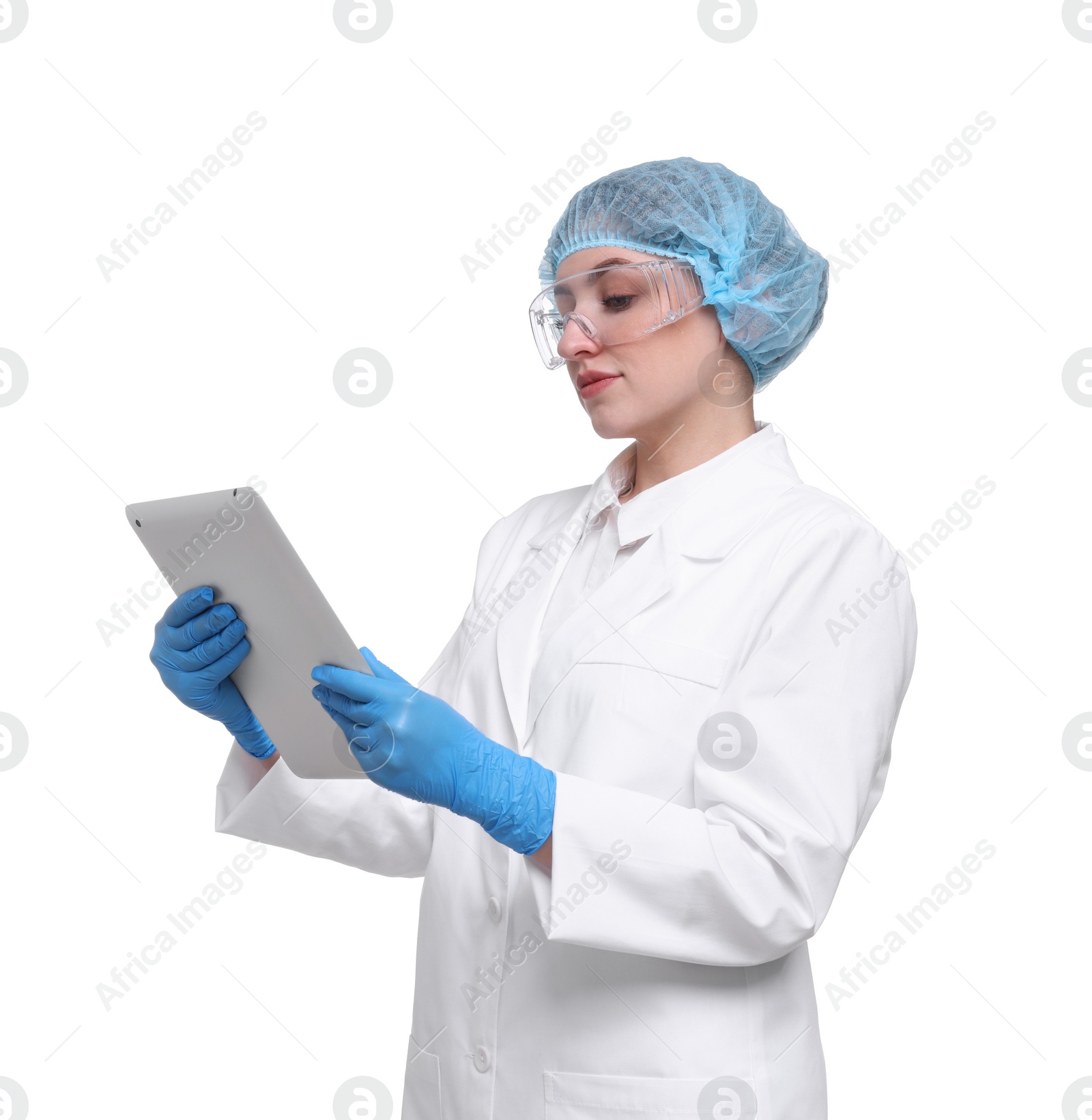 Photo of Quality control. Food inspector with tablet on white background