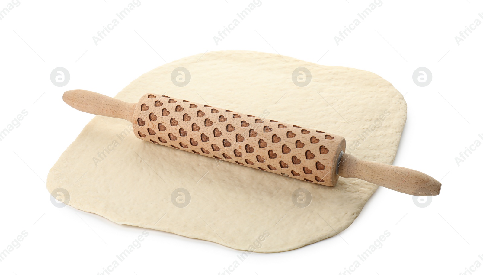 Photo of Raw dough and rolling pin isolated on white