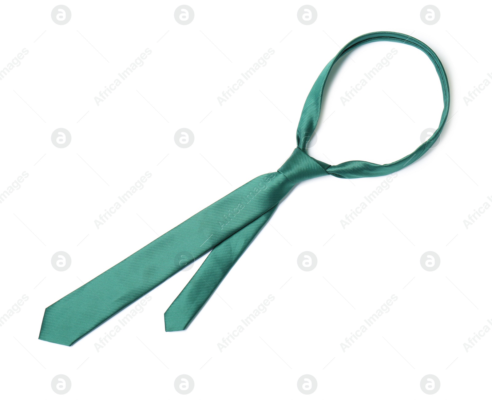 Photo of Green male tie isolated on white, top view