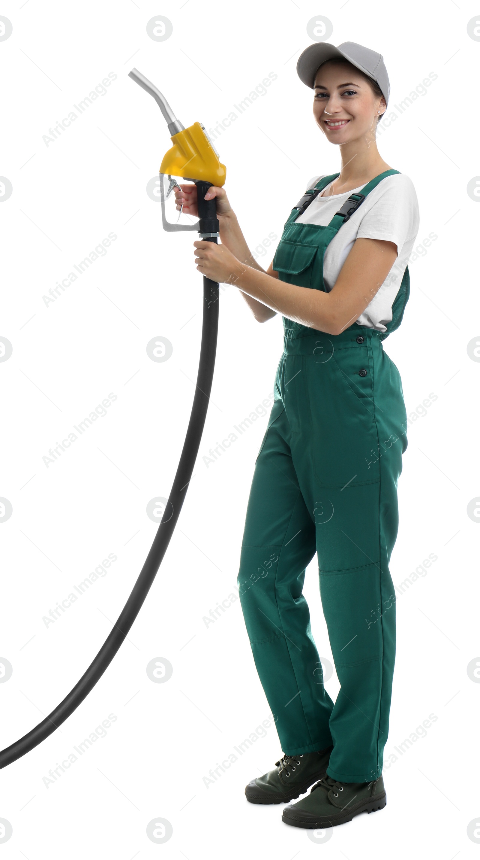 Photo of Gas station worker with fuel nozzle on white background