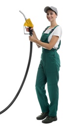 Gas station worker with fuel nozzle on white background