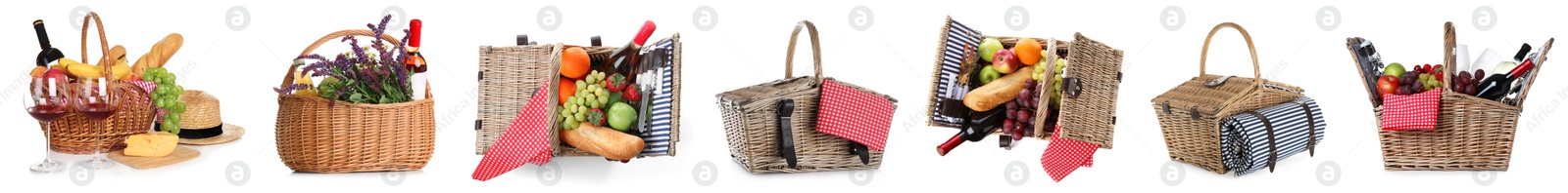 Image of Set of picnic baskets with flowers, food and wine on white background. Banner design