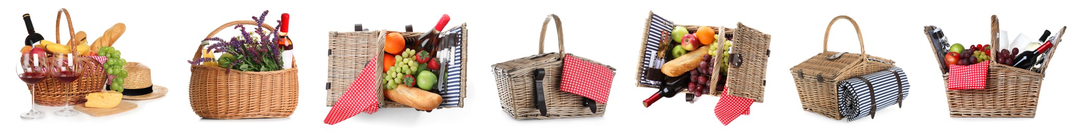 Image of Set of picnic baskets with flowers, food and wine on white background. Banner design